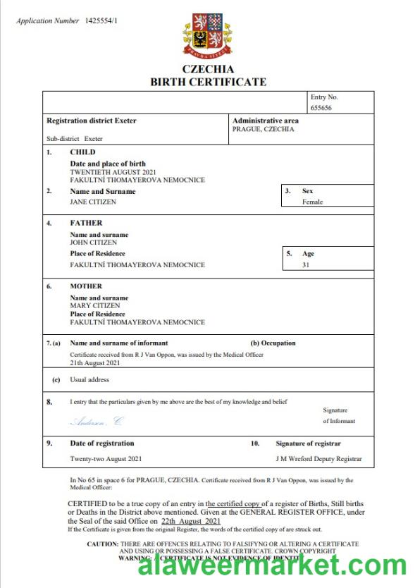 Czechia vital record birth certificate Word and PDF template